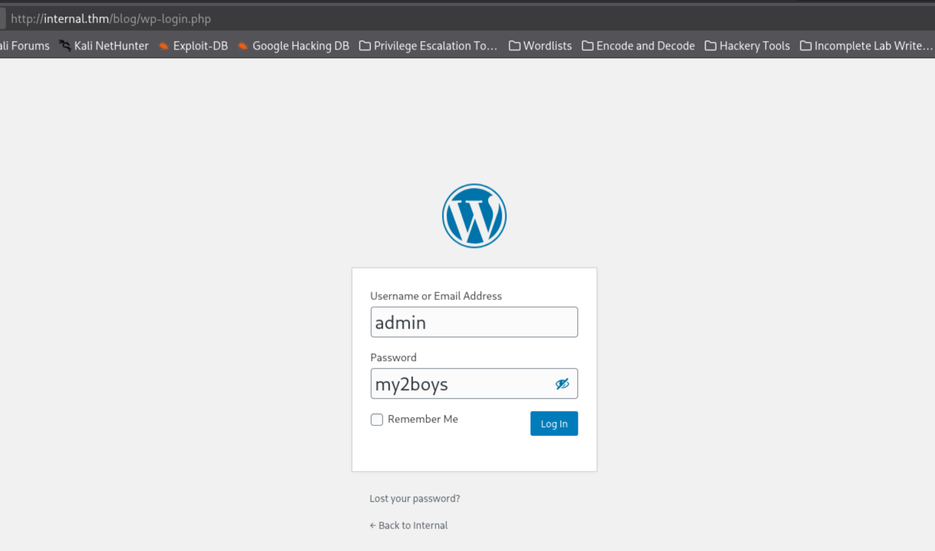 WordPress admin dashboard after successful login as admin